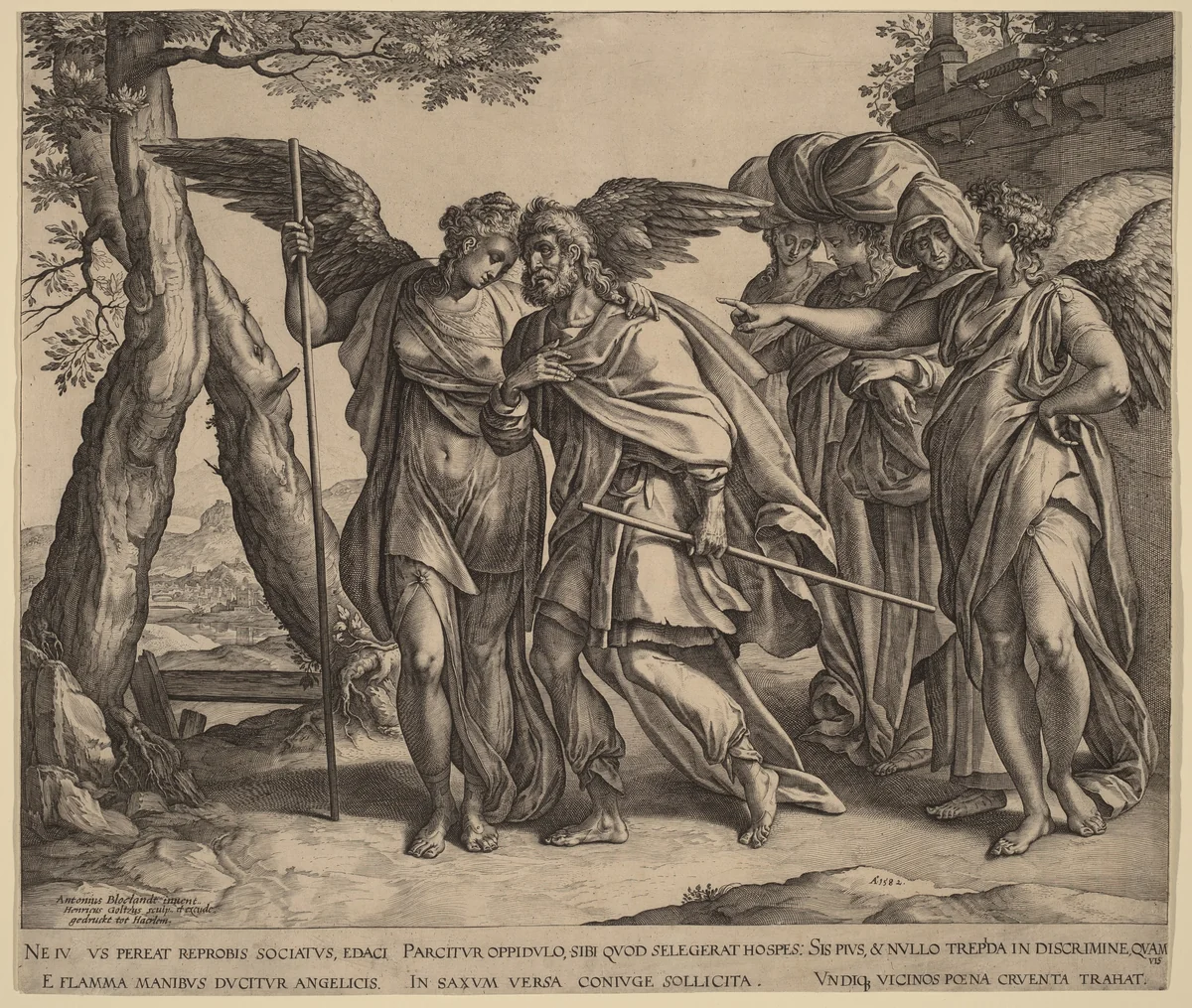 Lot and His Daughters Leaving Sodom by Hendrick Goltzius, print, 1582