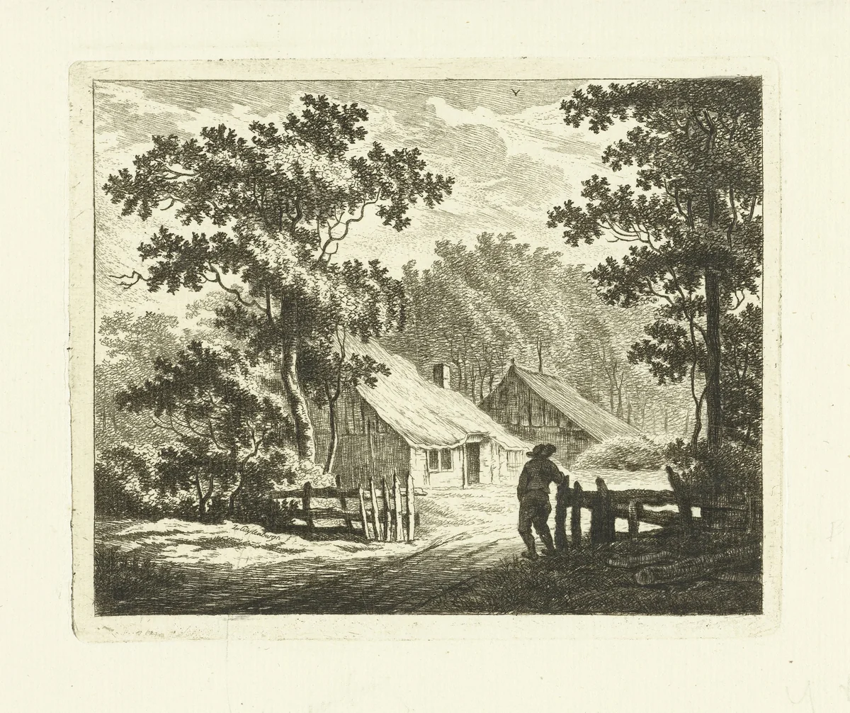 Landschap met boerderij en erf met hek by Johannes van Cuylenburgh, print, 1803-1841