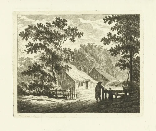 Landschap met boerderij en erf met hek by Johannes van Cuylenburgh, print, 1803-1841
