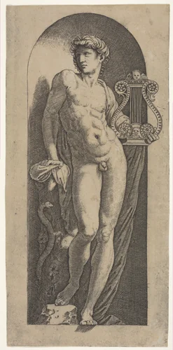 A statue of Apollo, naked standing in a niche, holding a lyre in his left hand and leaning on a tree trunk by Marcantonio Raimondi, print, 1512-1515