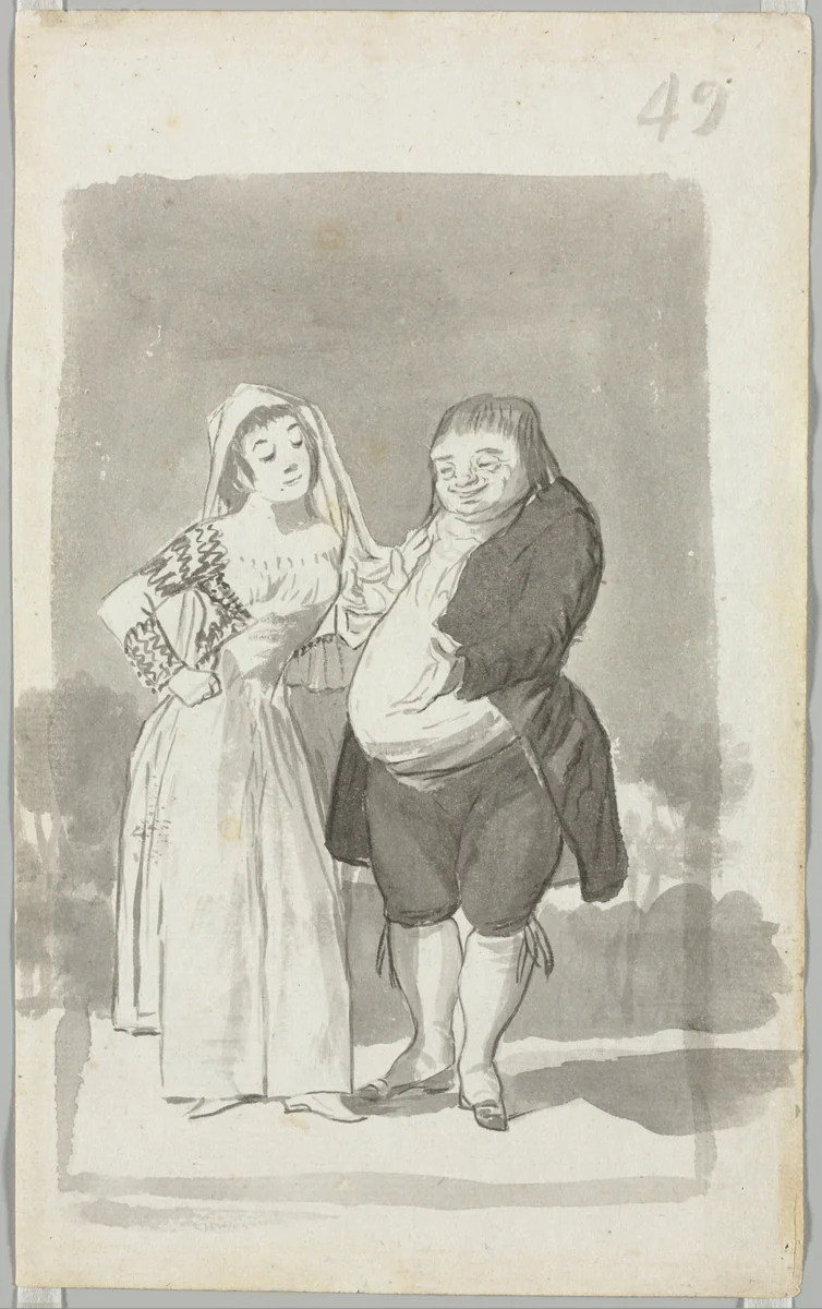 Prostitute Soliciting a Fat, Ugly Man, Folio 49 (recto) by Francisco de Goya, drawing, 1796-1797