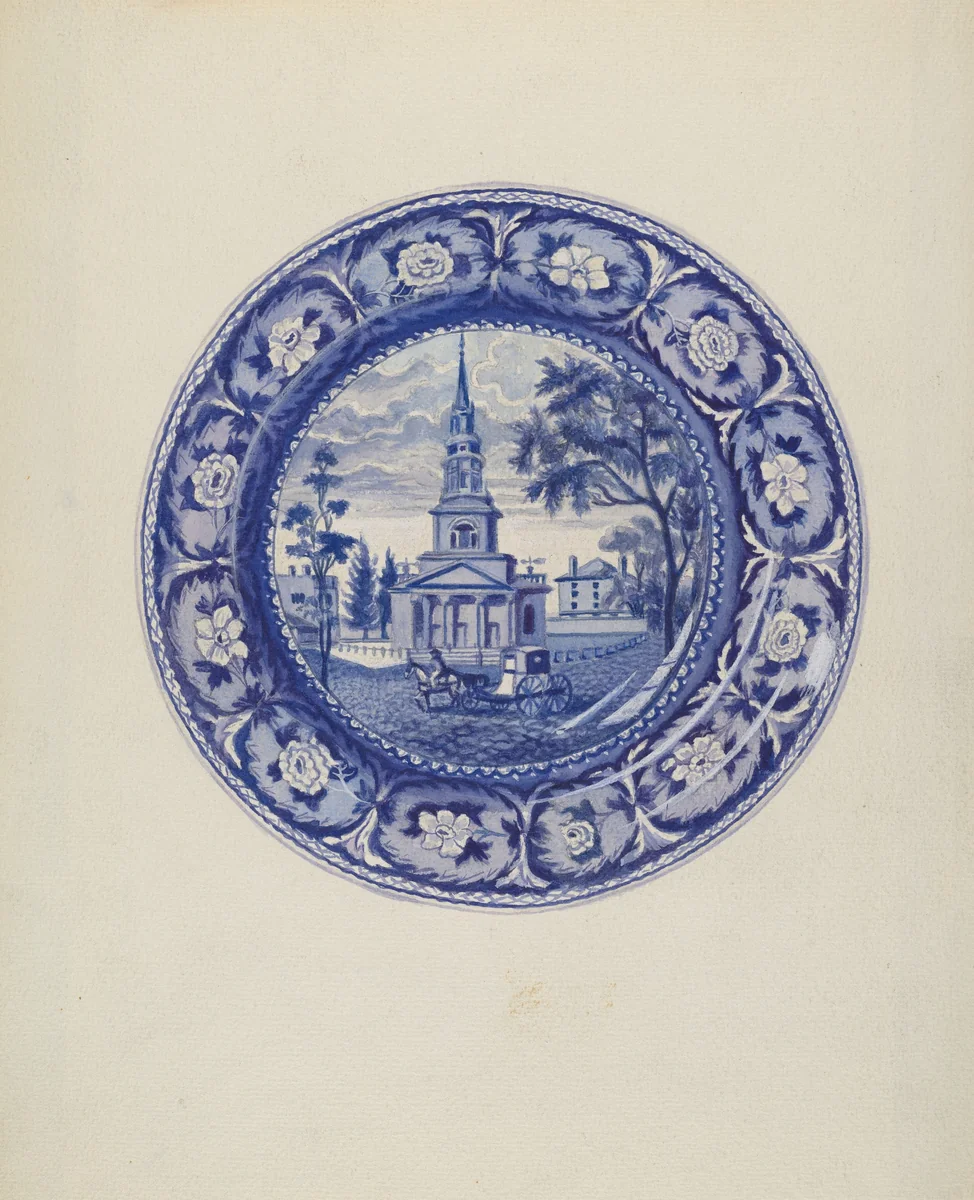 Plate - "Octagon Church, Boston" by Florian Rokita, index of american design, 1936