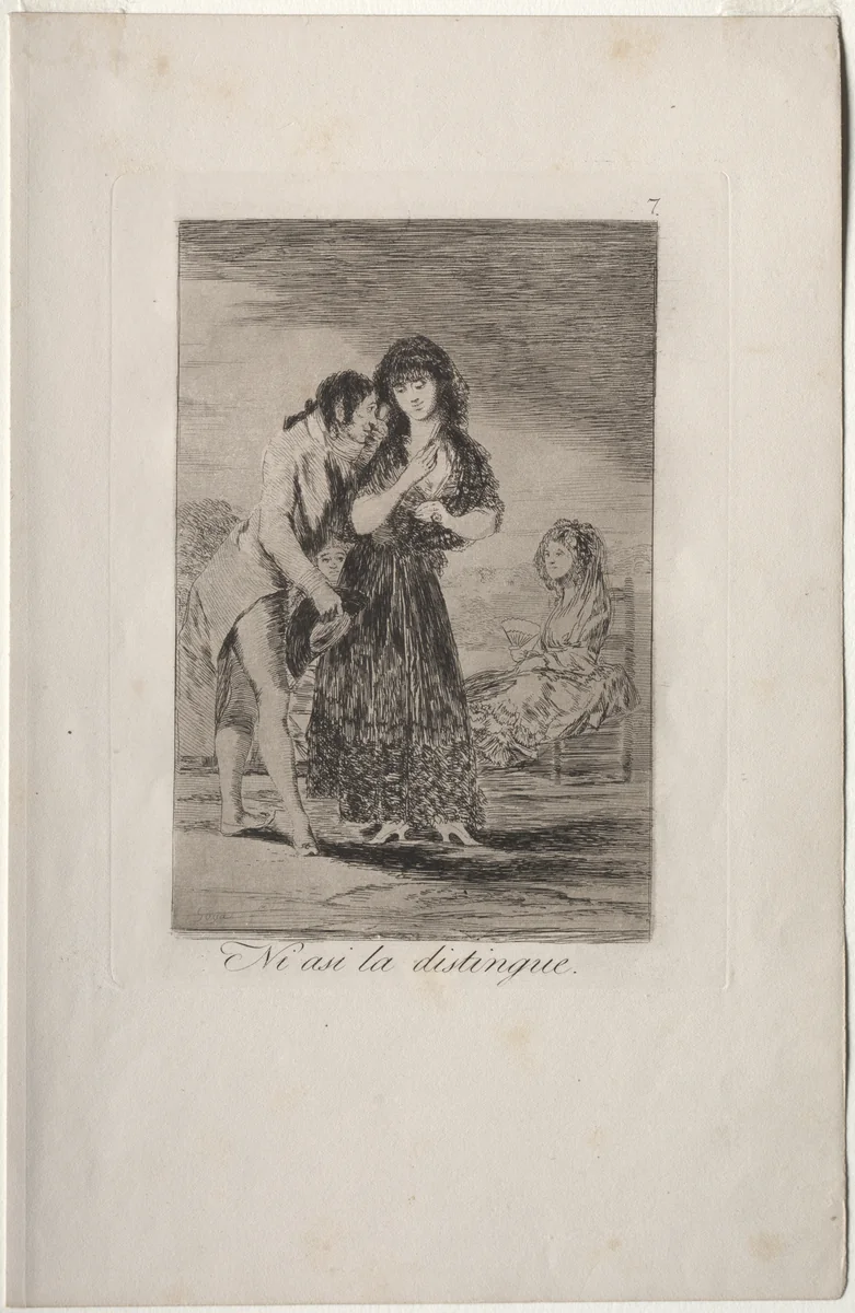 Even Thus He Cannot Make Her Out, Plate 7 by Francisco de Goya, print, 1799