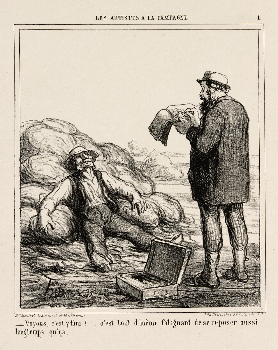 “- Well, are you finally finished?... after all it's tiring to relax for such a long time,” plate 1 from Les Artistes A La Campagne by Honoré-Victorin Daumier, print, 1865