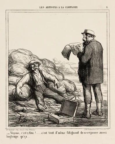 “- Well, are you finally finished?... after all it's tiring to relax for such a long time,” plate 1 from Les Artistes A La Campagne by Honoré-Victorin Daumier, print, 1865