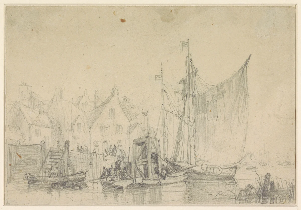 Het vertrek van boten uit een dorp by Henri Adolphe Schaep, drawing, 1856