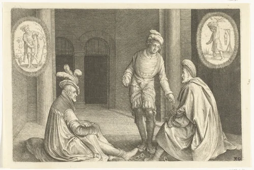 Jozef legt dromen uit van schenker en bakker by Nicolaes de Bruyn, print, 1628