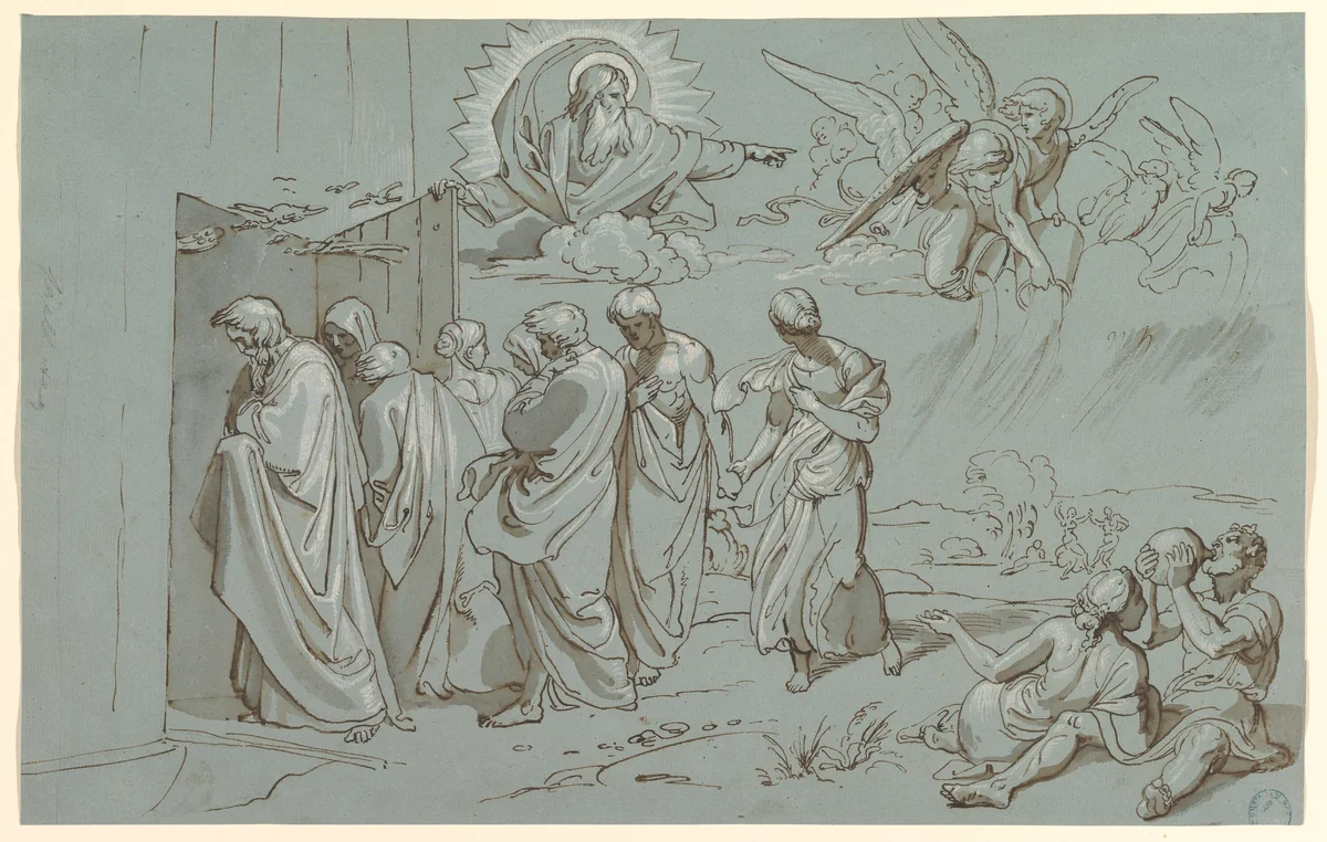 God Summons Noah and His Family into the Ark by Joseph von Führich, drawing, 1827