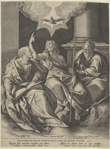 Saint Peter, Saint Paul, and Saint John the Baptist by Antonius Wierix, print, 1573-1604