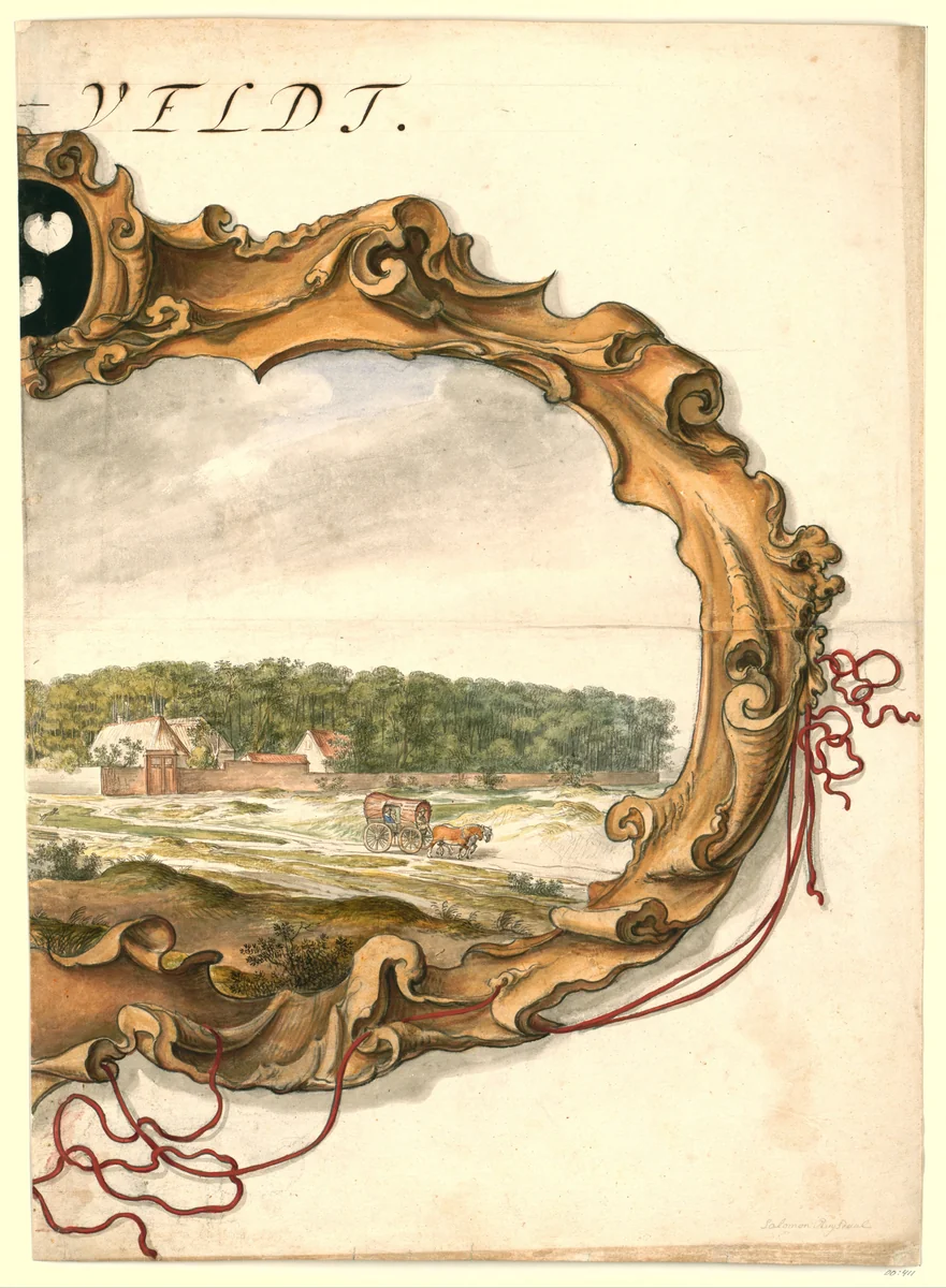 Cartouche met gezicht op het buitengoed Bentveld (rechterblad) by anonymous, drawing, 1600-1699