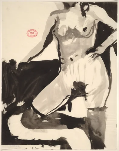 Untitled [female nude in stockings with right knee in chair] by Richard Diebenkorn, drawing, 1955-1967