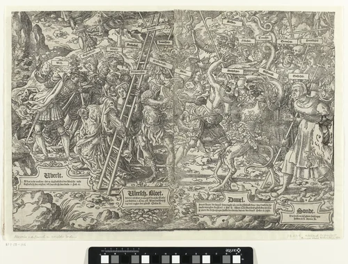 Strijd tussen de hemelse en helse legerscharen by Unknown, print, 1530