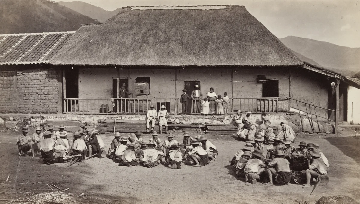 Coffee Pickers at Dinner, Hacienda Mateo, Guatemala by Eadweard Muybridge, photograph, 1875