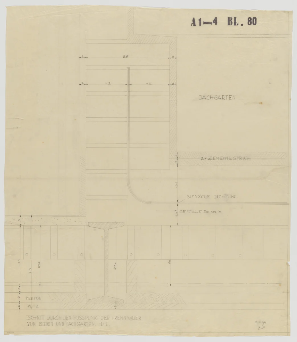 Weissenhof Apartment House, "The Dwelling" Exhibition, Stuttgart, Germany, Section. Retaining wall by Ludwig Mies van der Rohe, mies van der rohe archive, 1926
