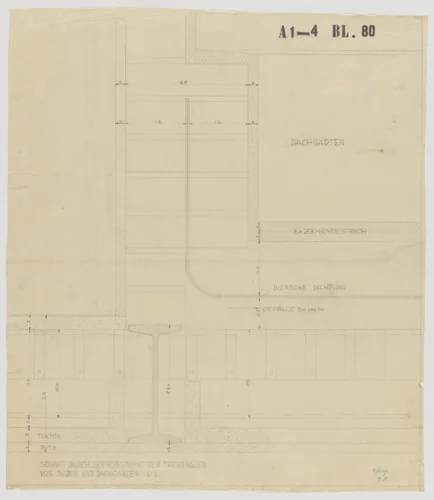 Weissenhof Apartment House, "The Dwelling" Exhibition, Stuttgart, Germany, Section. Retaining wall by Ludwig Mies van der Rohe, mies van der rohe archive, 1926