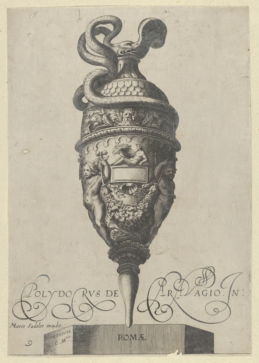 Plate 9: Vase or Ewer with a Serpent Handle and Two Putti holding up a Garland, from "Antique Vases" (Vasa a Polydoro Caravagino) by Aegidius Sadeler II, print, 1605