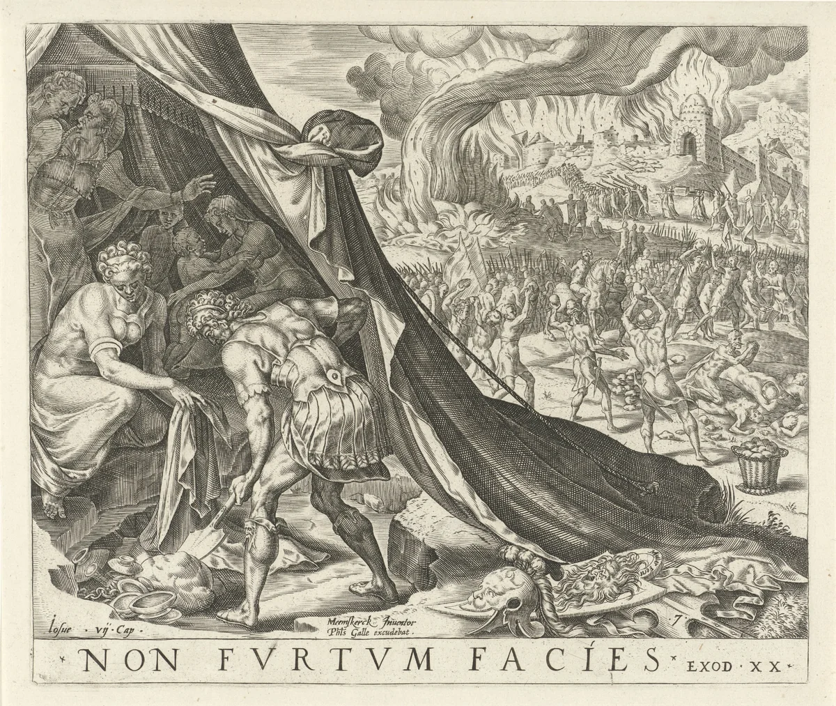 Achan begraaft de buit in zijn tent by Unknown, print, 1570-1612