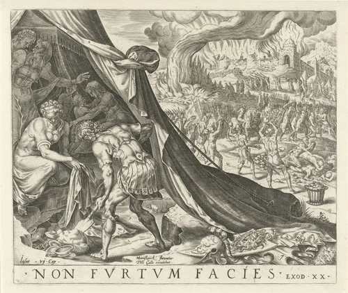 Achan begraaft de buit in zijn tent by Unknown, print, 1570-1612