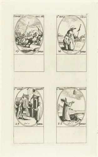 Bekering van Paulus, Heilige Paula, Heilige Johannes Chrysostomus, Heilige Cyrillus van Alexandrië (25-28 januari) by Jacques Callot, print, 1632-1636