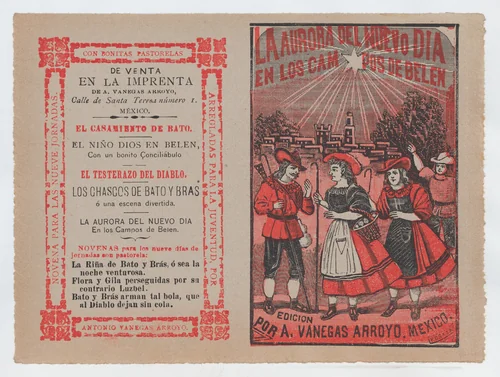 Cover for 'La Aurora del Nuevo Dia en los Campos de Belen', villagers holding shepherd's hooks and walking in the countryside by José Guadalupe Posada, print, 1886-1896