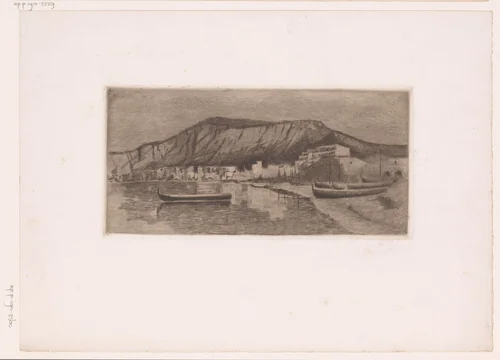 Kustdorp met daarachter een steile rotswand by Jules Guiette, print, 1862-1901