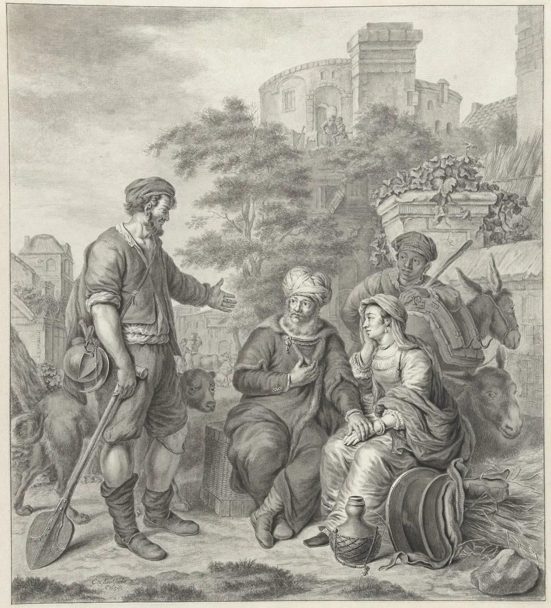 De Leviet met zijn bijvrouw wordt overnachting aangeboden in Gibea by Abraham Delfos, drawing, 1779