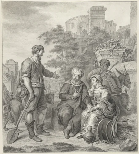 De Leviet met zijn bijvrouw wordt overnachting aangeboden in Gibea by Abraham Delfos, drawing, 1779