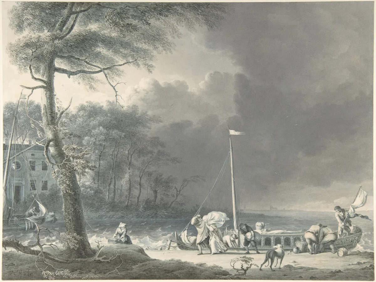 A Stormy Scene with Figures Unloading Boats Near a House on the Water's Edge by Jacob Cats, drawing, 1785