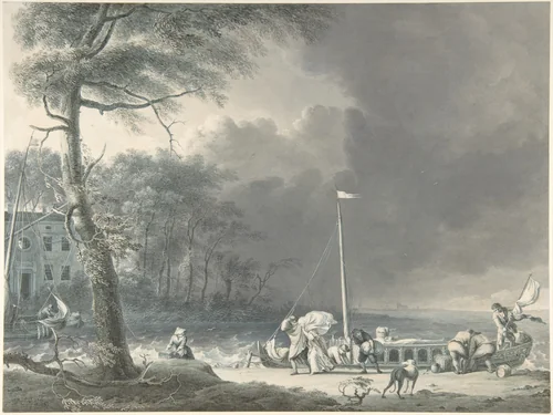 A Stormy Scene with Figures Unloading Boats Near a House on the Water's Edge by Jacob Cats, drawing, 1785
