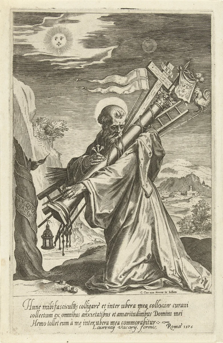 De H. Bernardus van Clairvaux met de passiewerktuigen by Unknown, print, 1576