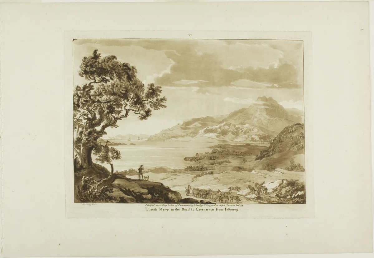Traeth Mawr in the Road to Caernarvan from Fistiniog, plate six from Twelve Views in Wales by Paul Sandby, print, 1777