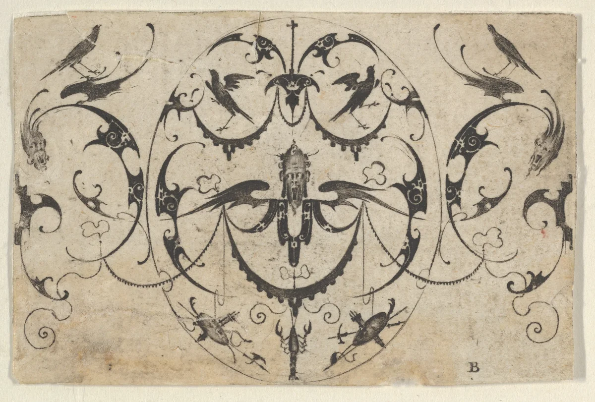 Blackwork Design for Goldsmithwork with Grotesques, Garlands, and Birds by Mathais Beitler, print, 1582-1616