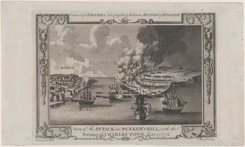View of the Attack on Bunker's Hill, with the Burning of Charles Town, June 17, 1775 by John Lodge, print, 1781-1783