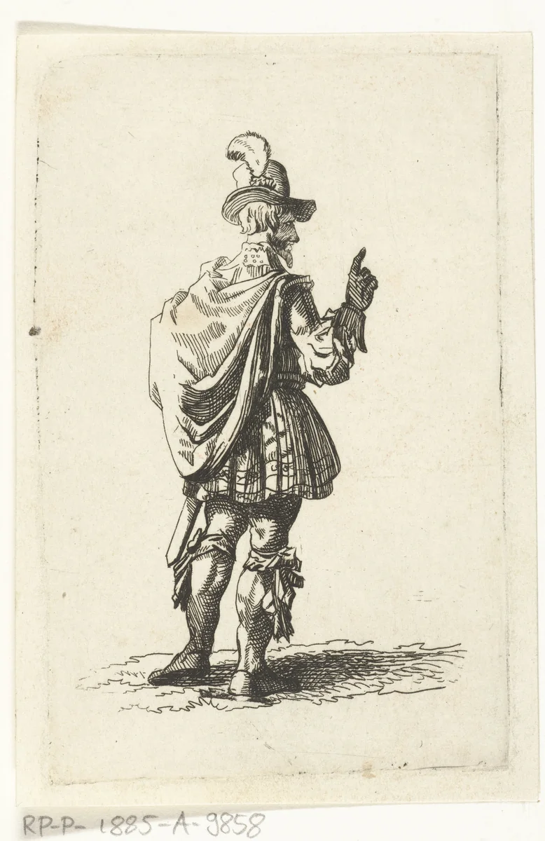 Een man met een pluimhoed op de rug gezien by Joannes Bemme, print, 1800-1841