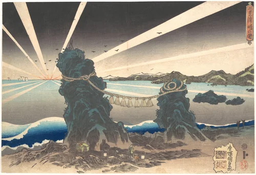 Futami-ga-ura Rocks at Ise, Land of Dawn by Utagawa Kunisada (歌川国貞), print, 1825-1845