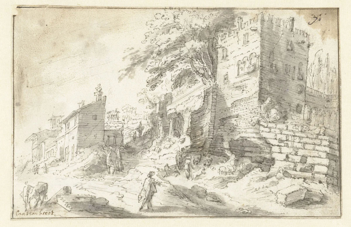 Italiaans landschap met ruïnes by Abraham Casembroot, drawing, 1650-1675