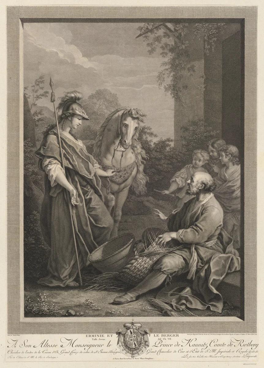 Erminie, wearing a helmet and standing with a horse at left, and the shepherd, who weaves a basket at right by Carlo Antonio Porporati, print, 1784