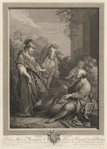 Erminie, wearing a helmet and standing with a horse at left, and the shepherd, who weaves a basket at right by Carlo Antonio Porporati, print, 1784