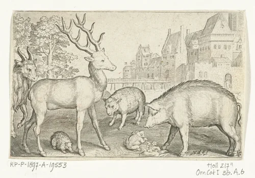 Hert, egel, schaap, kikker en varken by Unknown, print, 1594
