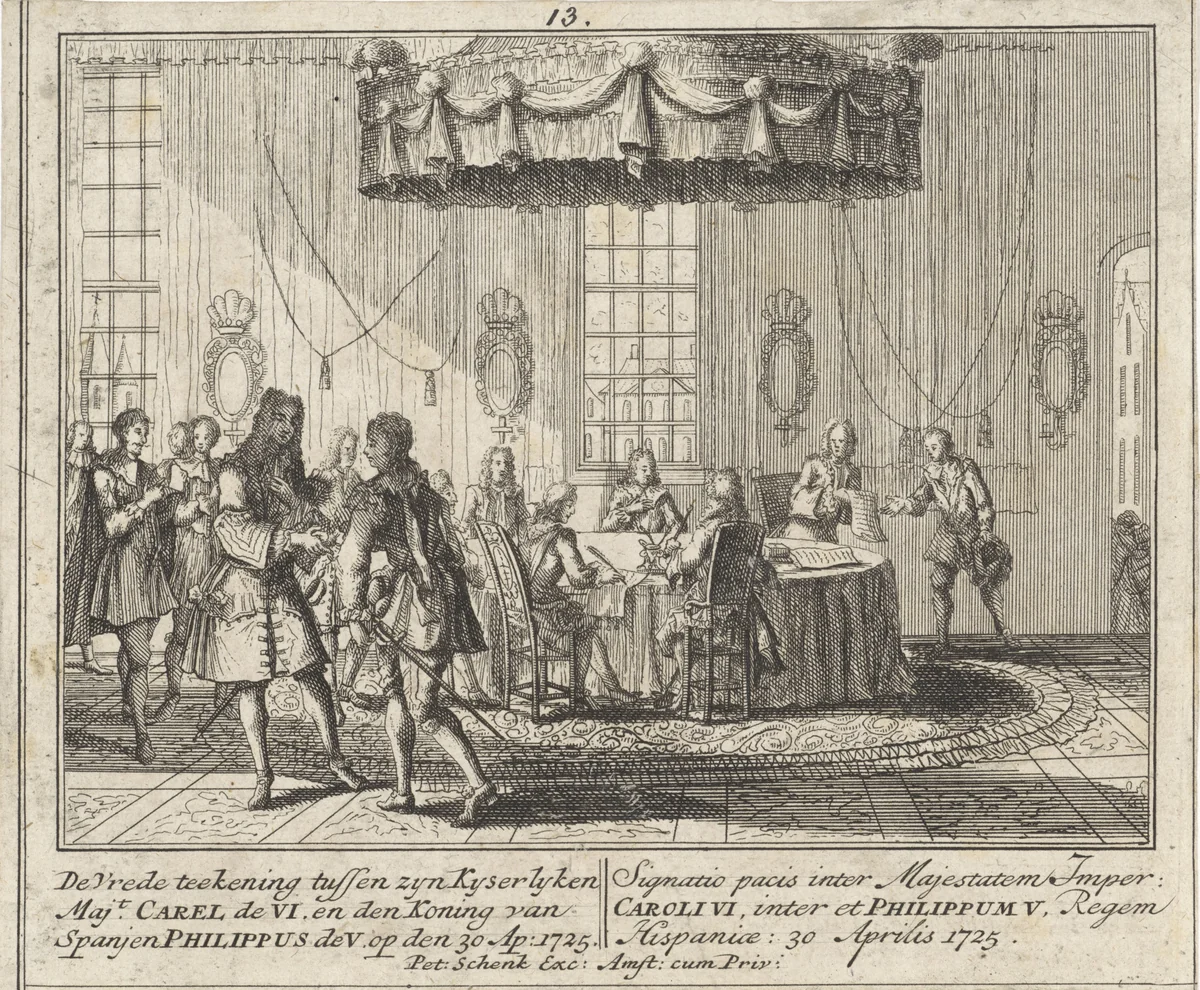 Karel VI en Filips V ondertekenen het Verdrag van Wenen by Leonard Schenk, print, 1727