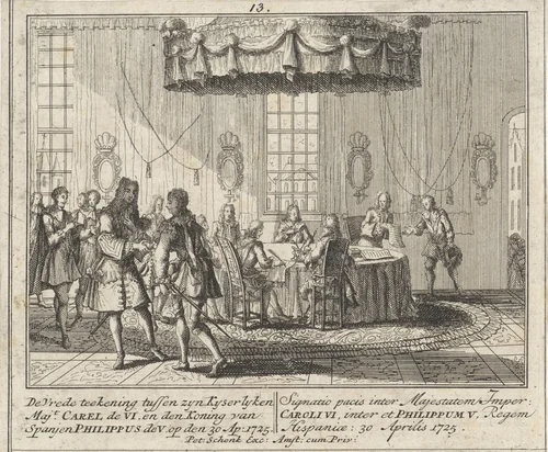 Karel VI en Filips V ondertekenen het Verdrag van Wenen by Leonard Schenk, print, 1727