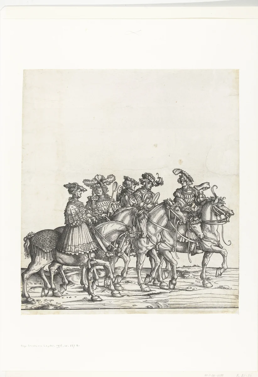 Vijf hofmaarschalken te paard by Hans Burgkmair, print, 1483-1526