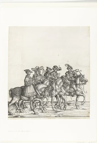 Vijf hofmaarschalken te paard by Hans Burgkmair, print, 1483-1526