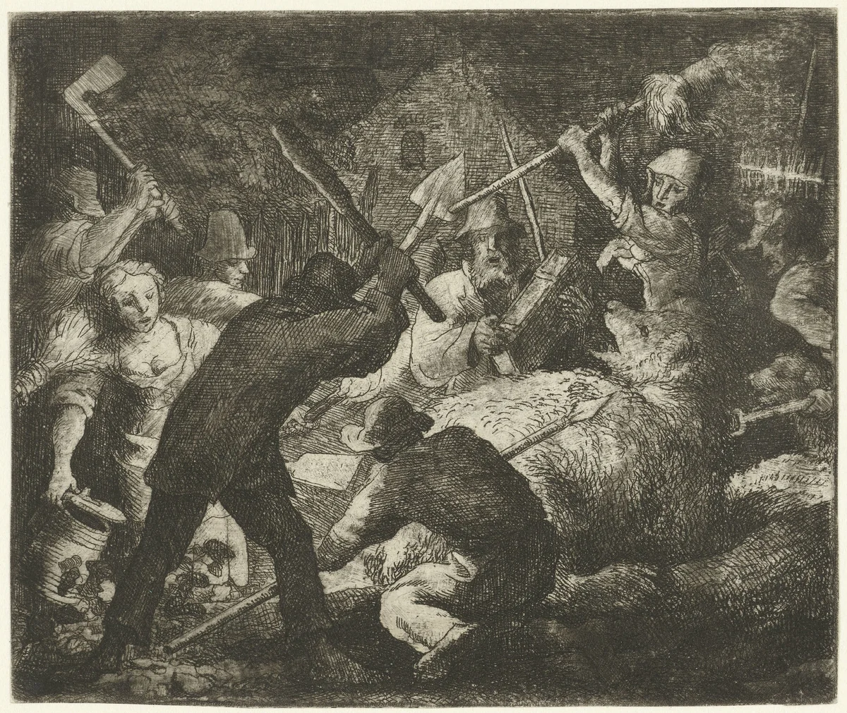 Boeren vallen Bruun de beer aan by Allaert van Everdingen, print, 1665-1675