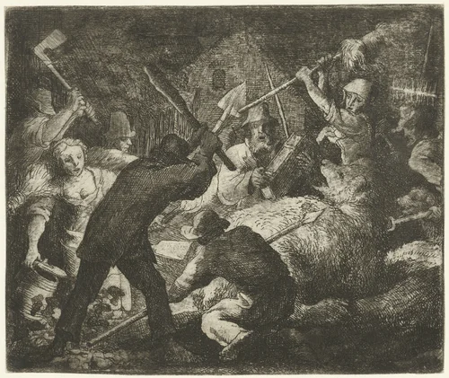 Boeren vallen Bruun de beer aan by Allaert van Everdingen, print, 1665-1675