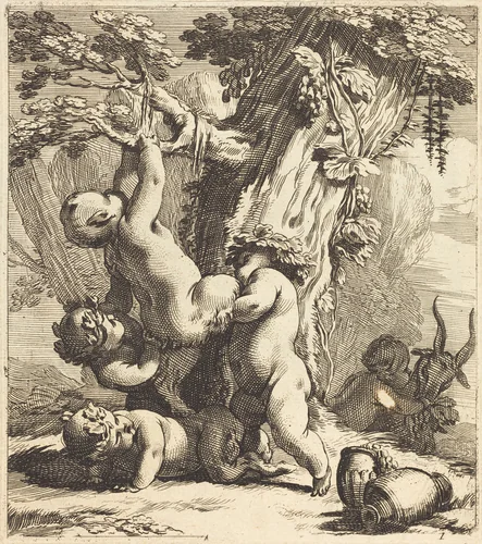 Putti and Fauns Climbing a Grapevine by Michel Dorigny, portfolio, 1617-1665