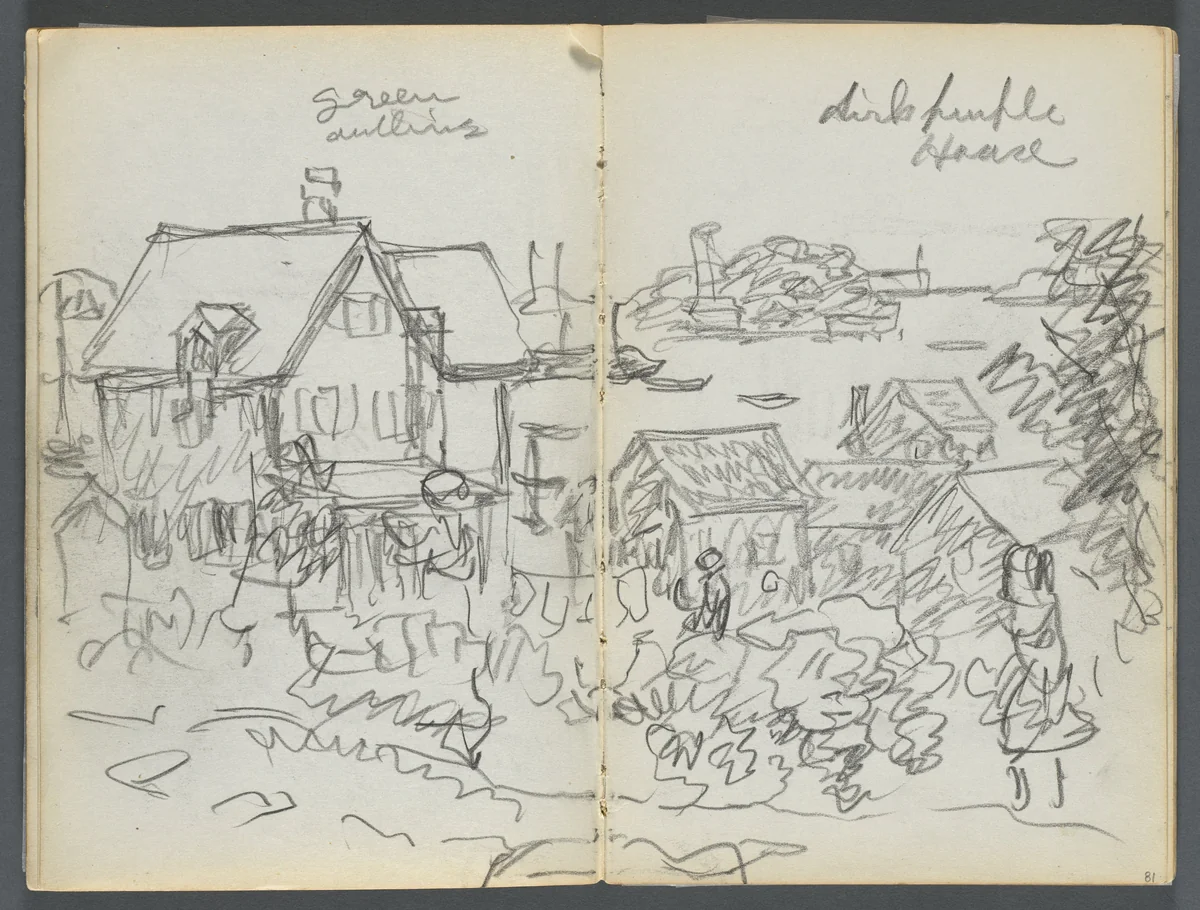 Sketchbook, The Dells, N° 127, page 080 & 81: Houses on a Coast by Maurice Prendergast, book, 1919-1921