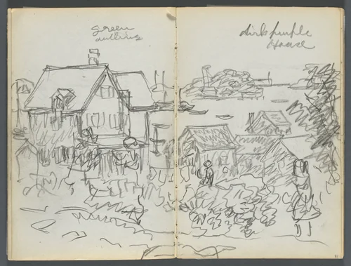 Sketchbook, The Dells, N° 127, page 080 & 81: Houses on a Coast by Maurice Prendergast, book, 1919-1921