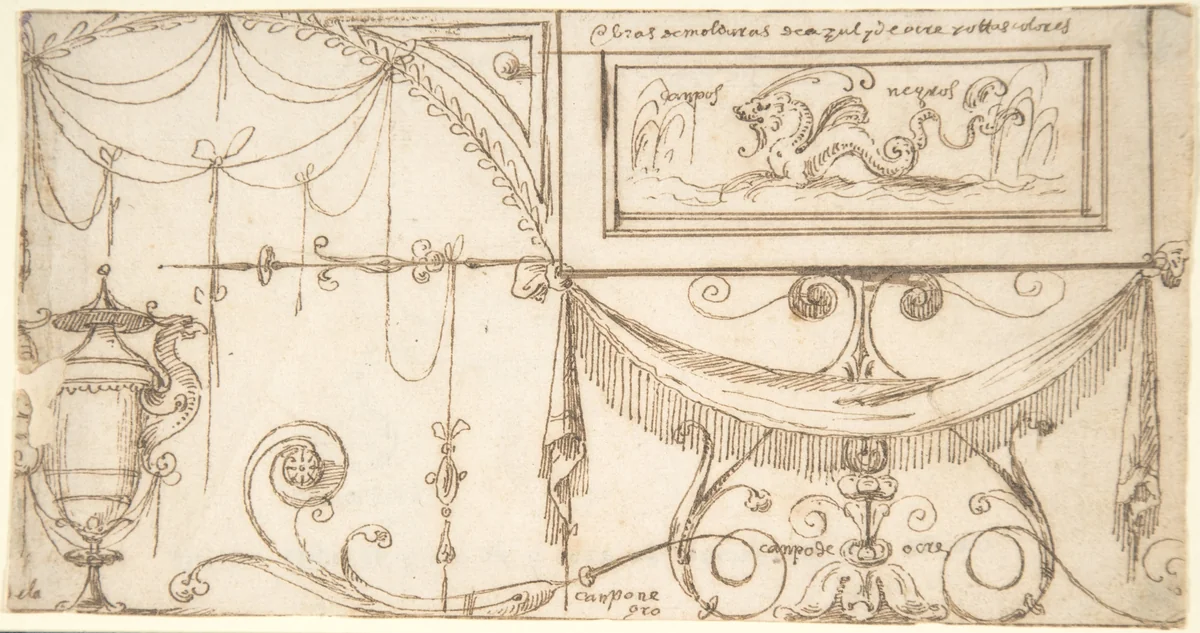 Grotesque ornament with garlands and vase by Andrés de Melgar, drawing, 1500-1599