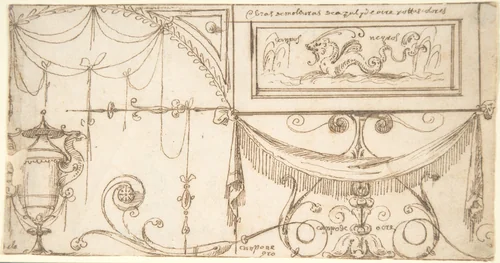 Grotesque ornament with garlands and vase by Andrés de Melgar, drawing, 1500-1599